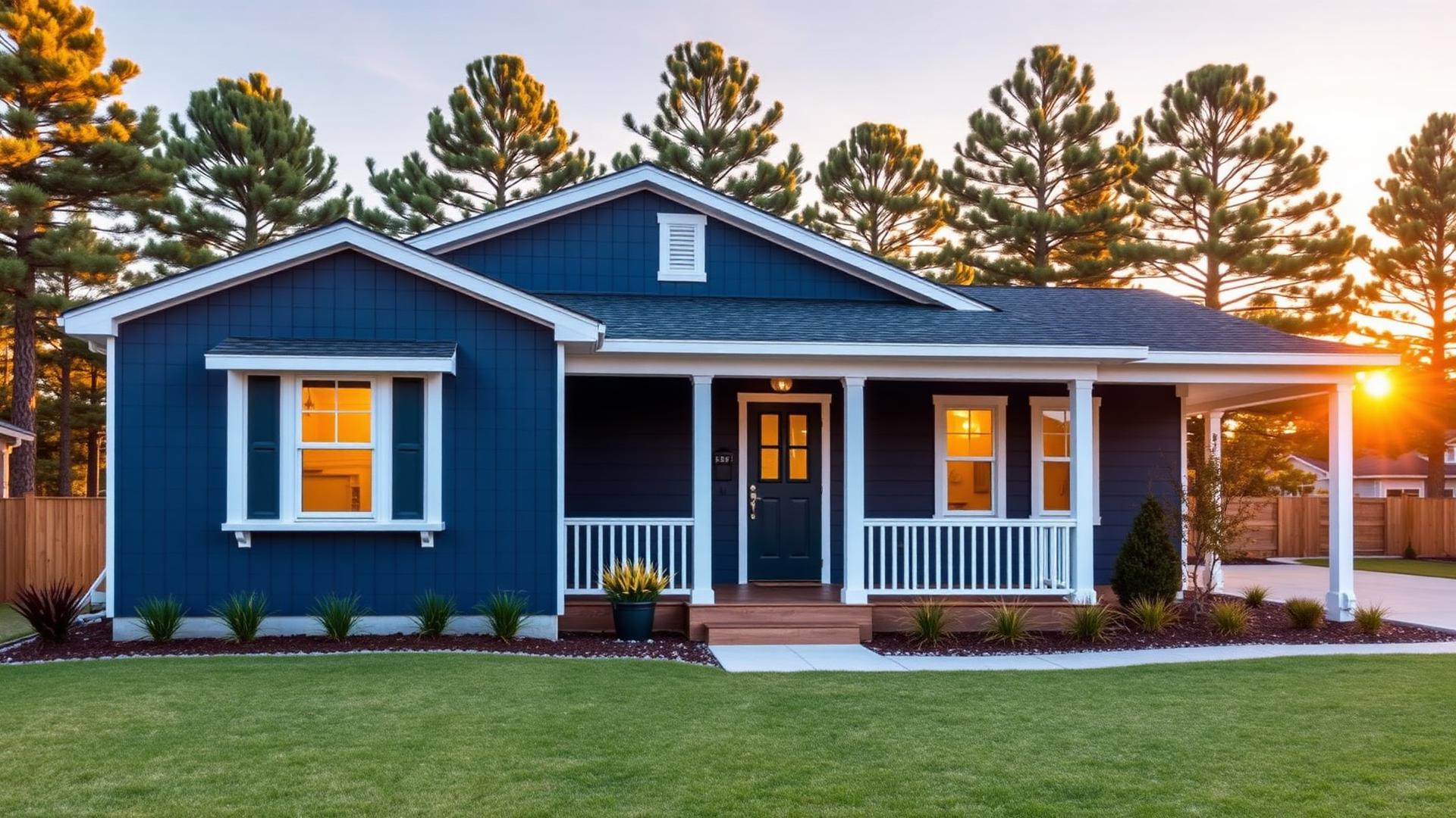 Navy manufactured home with a covered front porch at sunset